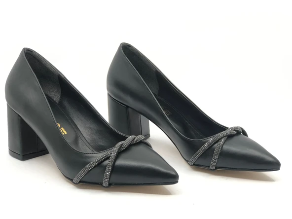 Mehtap Örgü Taş Dekolteli Kalın Topuk Kadın Topuklu Ayakkabı Sitiletto - Resim 20