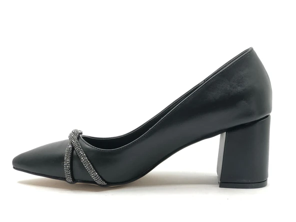 Mehtap Örgü Taş Dekolteli Kalın Topuk Kadın Topuklu Ayakkabı Sitiletto - Resim 18