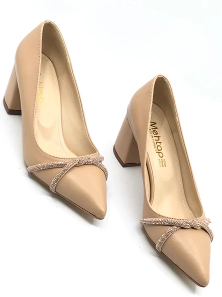 Mehtap Örgü Taş Dekolteli Kalın Topuk Kadın Topuklu Ayakkabı Sitiletto - Resim 28