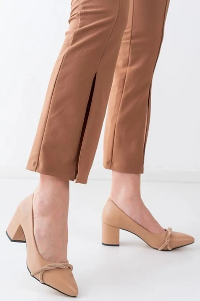 Mehtap Örgü Taş Dekolteli Kalın Topuk Kadın Topuklu Ayakkabı Sitiletto - Resim 7