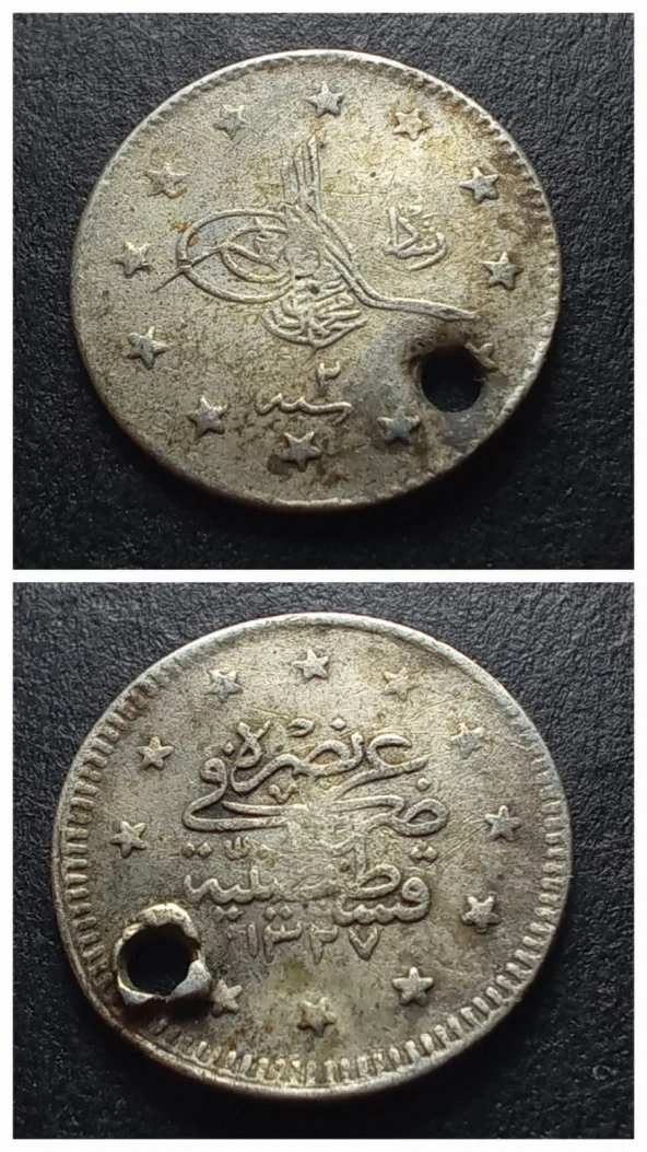 Escoines Koleksiyon 1327/2 V.Mehmed Reşat Delik 1910 1Kuruş Gümüş 1,12 Gram - 399636684b270ea780