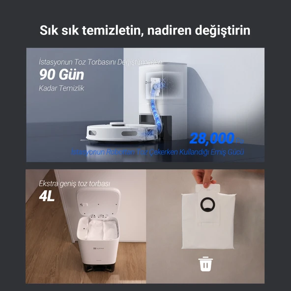 EZVIZ RE4 Plus Akıllı ve Paspaslı Robot Süpürge - 4000 Pa Vakum Gücü, Otomatik Çöp Boşaltma ve Şarj, Halı Algılama - 2
