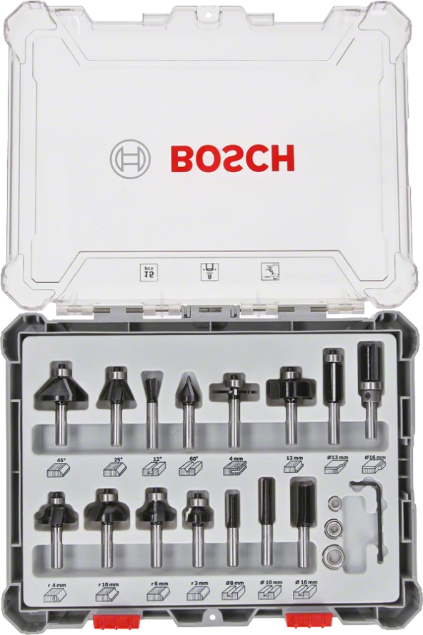 Bosch - Profesyonel 15 Parça Karışık Freze Ucu Seti 8 mm Şaftlı ürün görseli 1