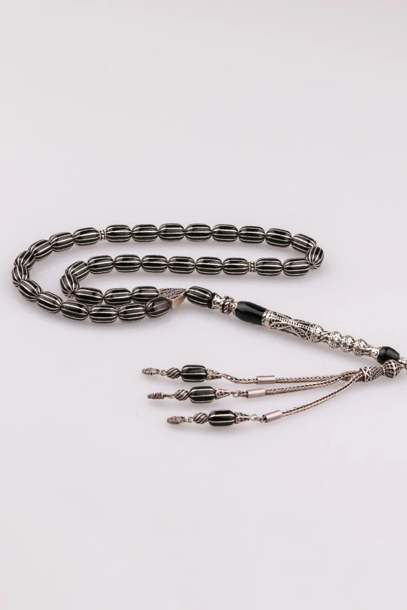 İmame Nakkaşlı Gümüş İşlemeli Erzurum Oltu Taşı Tesbih ürün görseli 1