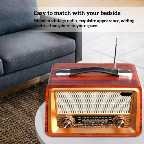 Nostaljik Ahşap Şarzlı 3 Bant Radyo,Tf,Usb Girişli,Fm Radyo,Bluetooth Bağlantılı- R-2066BT-KOYU KAHVE - 4