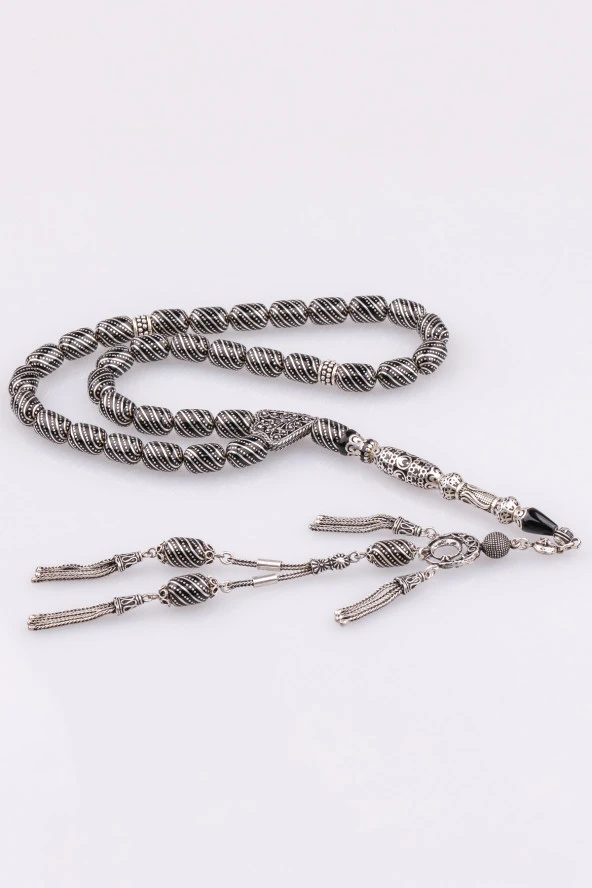 İmame Nakkaşlı Gümüş İşlemeli Erzurum Oltu Taşı Tesbih ürün görseli 1