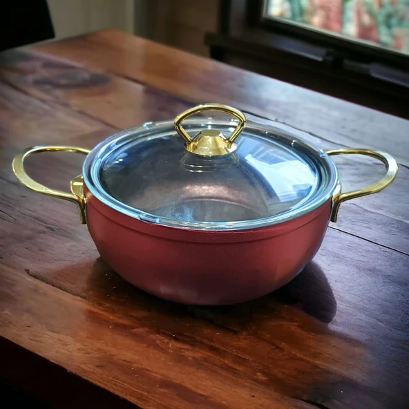 Evita Bio Granit Gold Kulplu Derin Tencere Bordo 20 cm