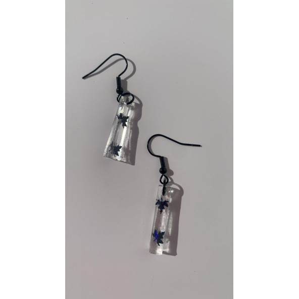 Şeffaf Renkli Siyah Yaprak Süslemeli Siyah Aksesuarlı Çubuk Şekil Sallantılı Epoksi Küpe Hediyelik - Resim 4