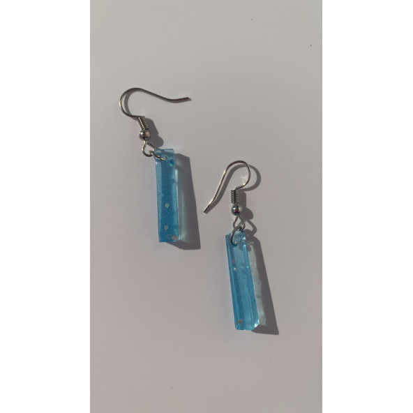 Gök Mavi Renkli Simli Sedefli Parlak Gümüş Aksesuarlı Çubuk Şekil Sallantılı Epoksi Küpe Hediyelik - Resim 4