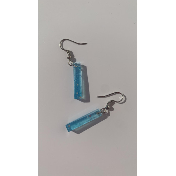 Gök Mavi Renkli Simli Sedefli Parlak Gümüş Aksesuarlı Çubuk Şekil Sallantılı Epoksi Küpe Hediyelik - Resim 5