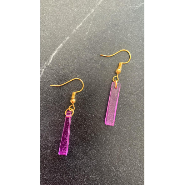 Mor Lila Renkli Sedefli Parlak Gold Aksesuarlı Çubuk Şekil Sallantılı Epoksi Küpe Hediyelik - Resim 2