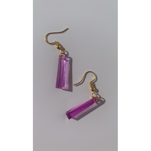 Mor Lila Renkli Sedefli Parlak Gold Aksesuarlı Çubuk Şekil Sallantılı Epoksi Küpe Hediyelik - Resim 5