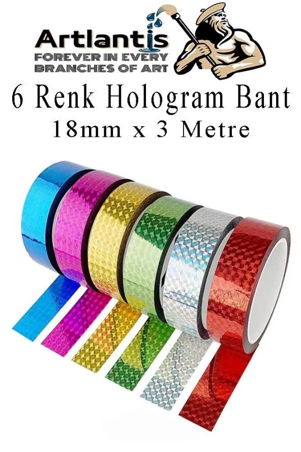 Renkli Hologram Bant 6 Renk 1 Paket 18mm x 3 Metre Yaldızlı Metalik Desenli Fosforlu Hologram Bant Hobi Tasarım