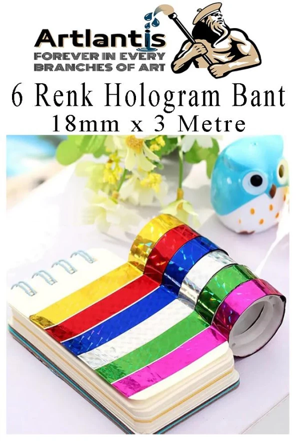 Renkli Hologram Bant 6 Renk 1 Paket 18mm x 3 Metre Yaldızlı Metalik Desenli Fosforlu Hologram Bant Hobi Tasarım - 2
