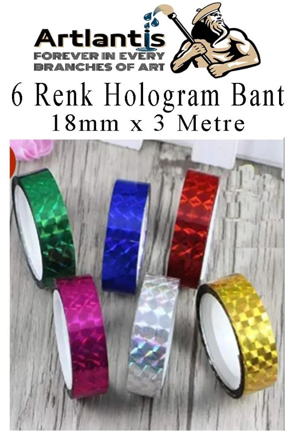 Renkli Hologram Bant 6 Renk 1 Paket 18mm x 3 Metre Yaldızlı Metalik Desenli Fosforlu Hologram Bant Hobi Tasarım - 3