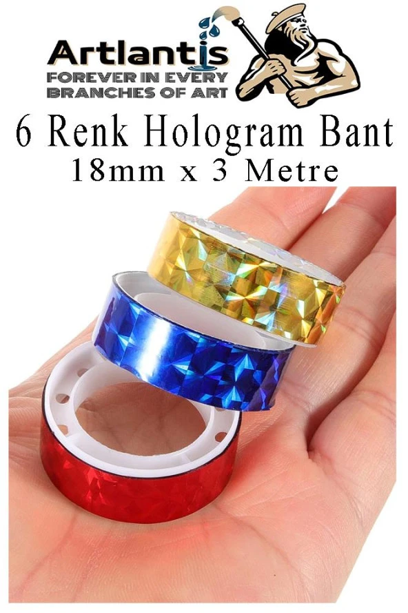 Renkli Hologram Bant 6 Renk 12 Adet 18mm x 3 Metre Yaldızlı Metalik Desenli Fosforlu Hologram Bant Hobi Tasarım - 5