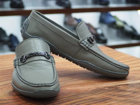 AÇIK GRİ CİLT HAKİKİ DERİ ERKEK LOAFER AYAKKABI - 5