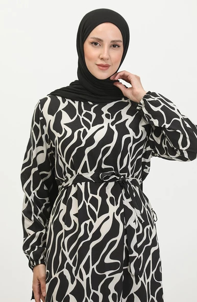 Alisa Farbalı Kuşaklı Viskon Elbise - 8
