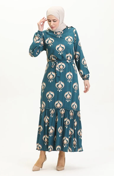 Alisa Farbalı Kuşaklı Viskon Elbise - 3
