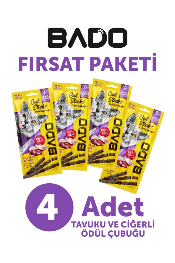 Bado Kedi Ödül Çubuğu Tavuk ve Ciğerli 3x5gr 4Lü