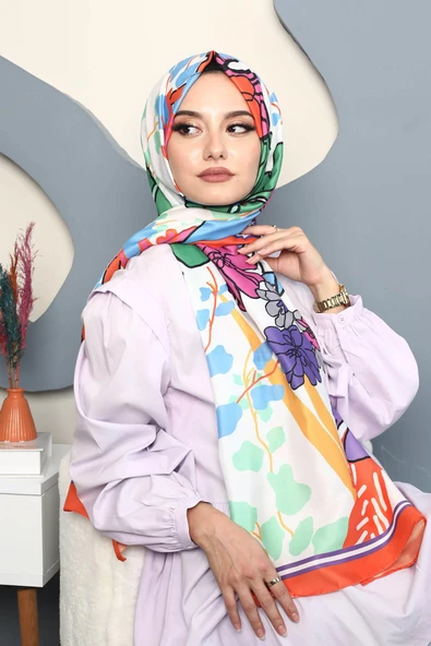 Afvente Çiçek Desen Turuncu Soft Pamuk Şal - Resim 3