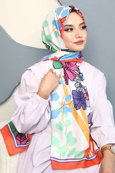 Afvente Çiçek Desen Turuncu Soft Pamuk Şal - Resim 4