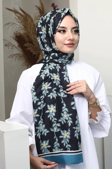 Afvente Çiçek Desen Mavi Soft Pamuk Şal - 3