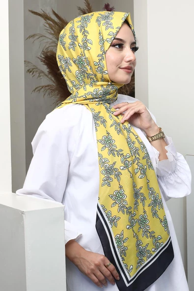 Afvente Çiçek Desen Sarı Soft Pamuk Şal - Resim 4