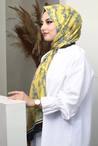 Afvente Çiçek Desen Sarı Soft Pamuk Şal - Resim 3