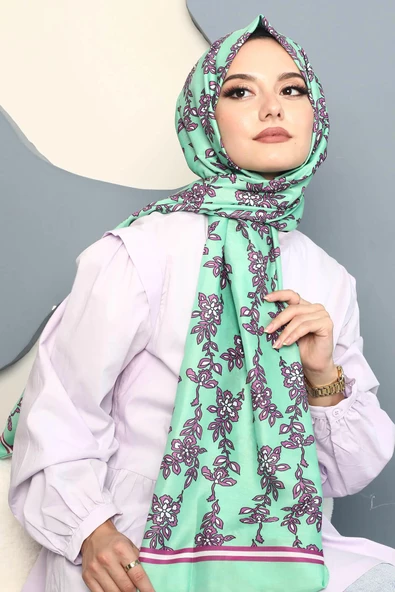 Afvente Çiçek Desen Mint Yeşili Soft Pamuk Şal - Resim 2
