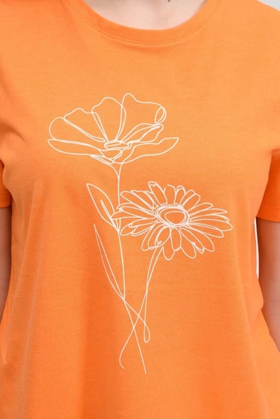 Kadın Baskılı Kısa Kollu Arka Oval Bisiklet Yaka Tişört Mor  M ORANJ - 5