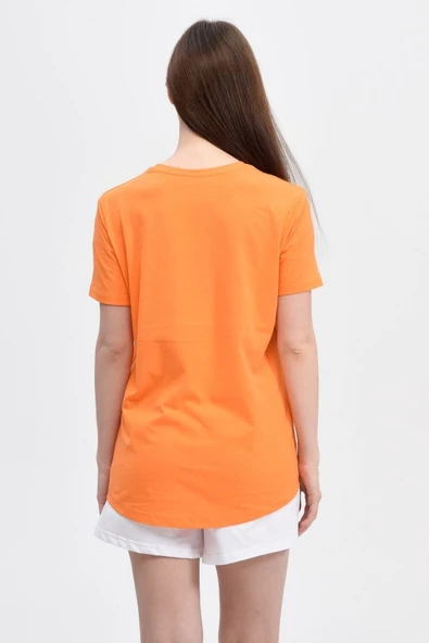 Kadın Baskılı Kısa Kollu Arka Oval Bisiklet Yaka Tişört Mor  M ORANJ - 3