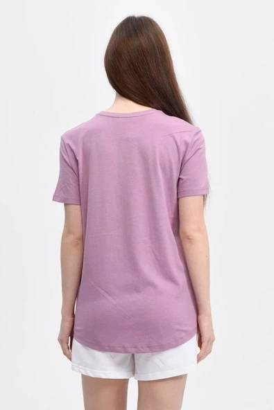 Kadın Baskılı Kısa Kollu Arka Oval Bisiklet Yaka Tişört Mor  2XL MOR - 3