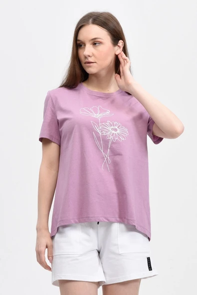 Kadın Baskılı Kısa Kollu Arka Oval Bisiklet Yaka Tişört Mor  XS SU YEŞİLİ - Resim 6