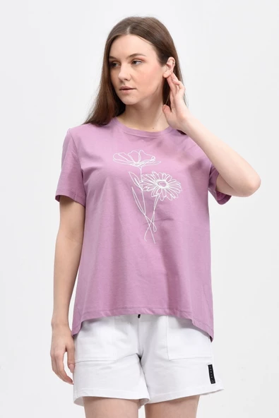 Kadın Baskılı Kısa Kollu Arka Oval Bisiklet Yaka Tişört Mor  2XL MOR - 5