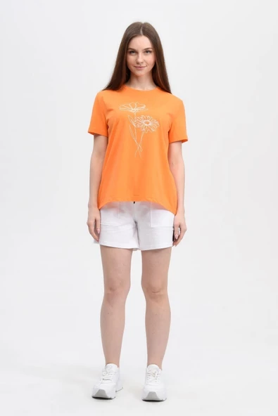 Kadın Baskılı Kısa Kollu Arka Oval Bisiklet Yaka Tişört Mor  ORANJ XL