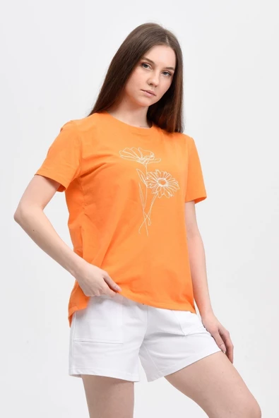 Kadın Baskılı Kısa Kollu Arka Oval Bisiklet Yaka Tişört Mor  XL ORANJ - 4