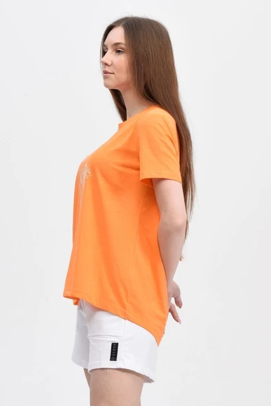 Kadın Baskılı Kısa Kollu Arka Oval Bisiklet Yaka Tişört Mor  XL ORANJ - 2