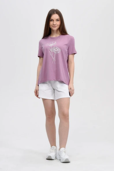 Kadın Baskılı Kısa Kollu Arka Oval Bisiklet Yaka Tişört Mor  XS SU YEŞİLİ ürün görseli