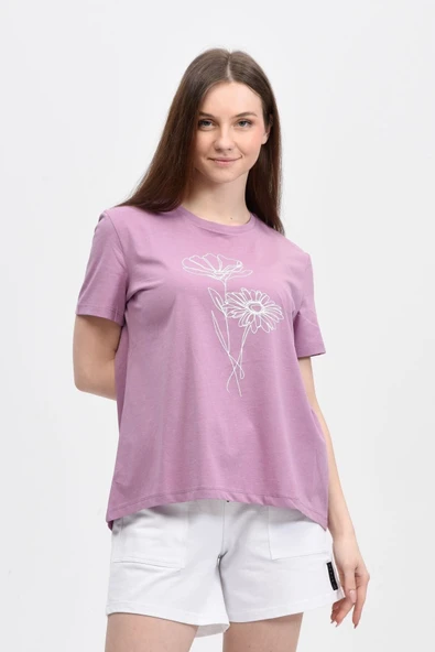 Kadın Baskılı Kısa Kollu Arka Oval Bisiklet Yaka Tişört Mor  XL KAR MELANJ - Resim 2