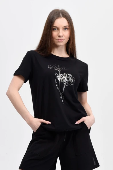 Kadın Baskılı Kısa Kollu Arka Oval Bisiklet Yaka Tişört Mor  XL KAR MELANJ - Resim 12