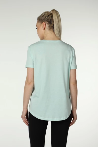 Kadın Baskılı Kısa Kollu Arka Oval Bisiklet Yaka Tişört Mor  2XL SU YEŞİLİ - 5