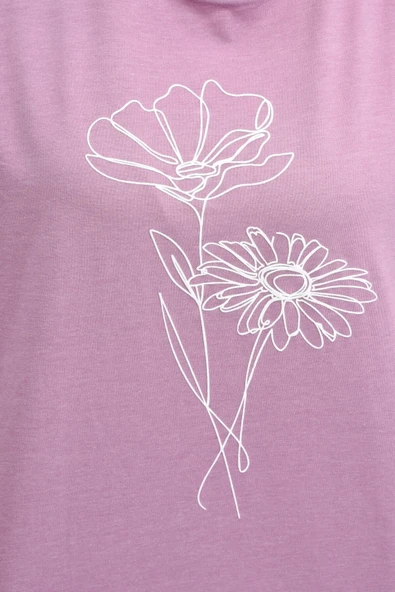 Kadın Baskılı Kısa Kollu Arka Oval Bisiklet Yaka Tişört Mor  XL KAR MELANJ - Resim 5