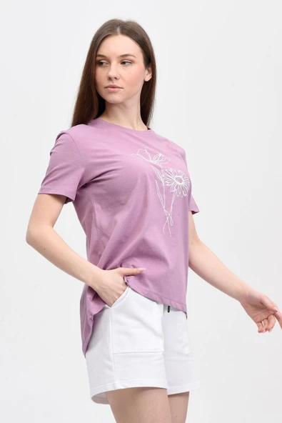 Kadın Baskılı Kısa Kollu Arka Oval Bisiklet Yaka Tişört Mor  XL KAR MELANJ - Resim 3