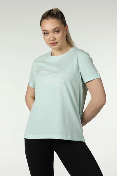 Kadın Baskılı Kısa Kollu Arka Oval Bisiklet Yaka Tişört Mor  2XL SU YEŞİLİ - 2
