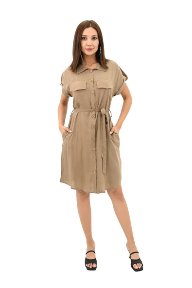 Kadın Gömlek Yaka Kuşak Detaylı Elbise 5240-25 - 12