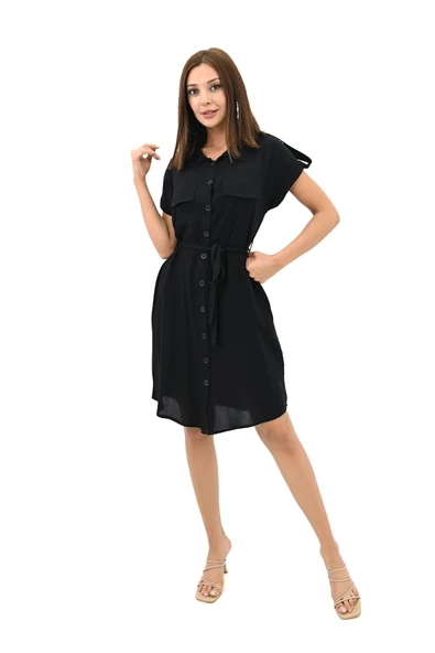 Kadın Gömlek Yaka Kuşak Detaylı Elbise 5240-25 - 3