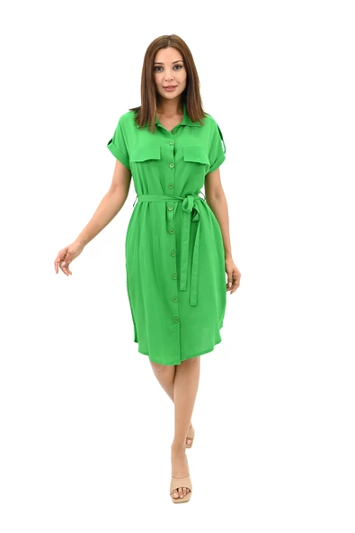 Kadın Gömlek Yaka Kuşak Detaylı Elbise 5240-25 - 9