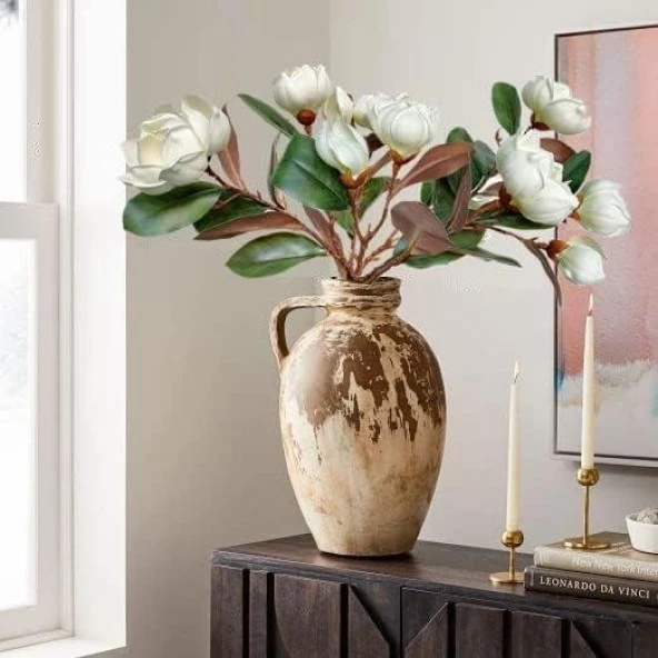 Nettenevime Yapay Çiçek Lüx Manolya Gerçek Islak Dokulu Magnolia Gelin Çiçeği 48cm BEYAZ - 2