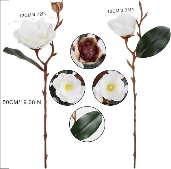 Nettenevime Yapay Çiçek Lüx Manolya Gerçek Islak Dokulu Magnolia Gelin Çiçeği 48cm BEYAZ - 5
